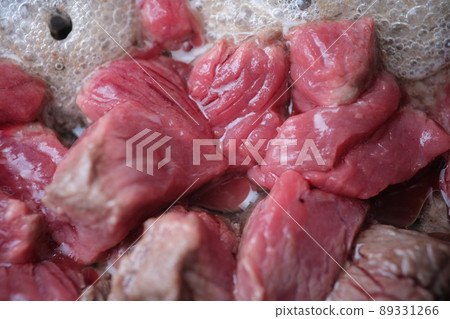 Pieces of pork fried in pan, traditional meat dishes 89331266
