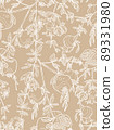 Pomegranate branches pattern. White fruit, twigs and leaves on beige background 89331980
