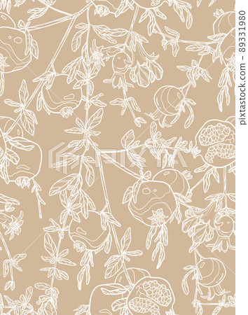 Pomegranate branches pattern. White fruit, twigs and leaves on beige background Pomegranate branches pattern. White fruit, twigs and leaves on beige background 89331980