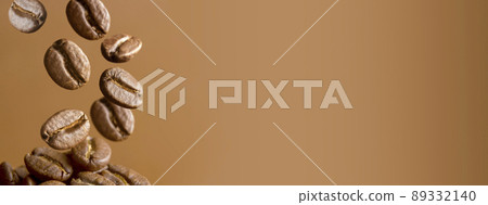 Coffee beans. Macro coffee beans levitating, banner with copy space Coffee beans. Macro coffee beans levitating, banner with copy space 89332140