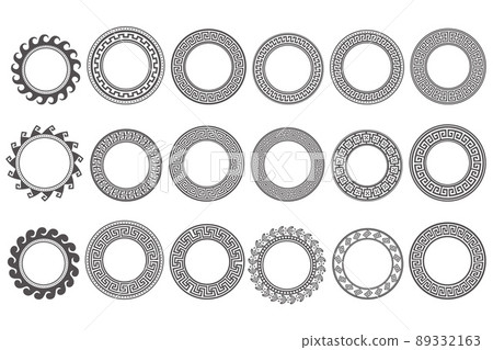 Circle greek frames. Round meander borders. Decoration elements patterns. Vector illustration isolated on white background. 89332163