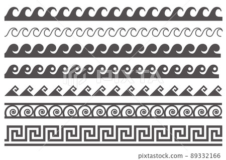 Greek style seamless frames. Geometric border set. Vector ornament pattern. Mediterranean decor elements with waves Greek style seamless frames. Geometric border set. Vector ornament pattern. Mediterranean decor elements with waves 89332166