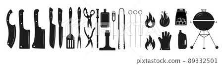 Barbecue, grill tools set. Vector stock illustration isolated on white background for design packaging, logo, menu in restaurant, butcher shop. EPS10 89332501