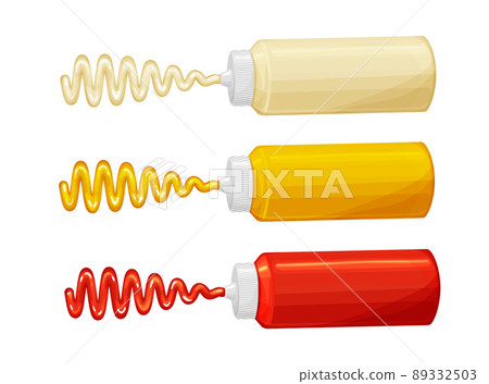 Bottles of mayonnaise,ketchup,mustard sauce with splash stripes,realistic style 89332503