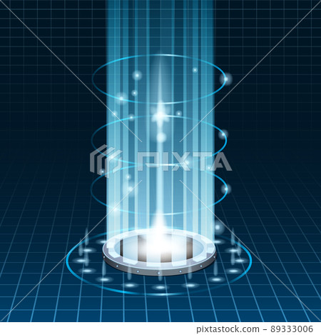 Circle science teleport, futuristic portal sky-fi digital, tunnel with light rays and glows, podium, projector. Vector illustration, black blue background 89333006
