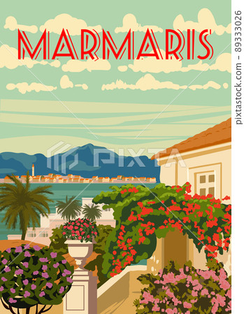 Marmaris landmark, Turkey resort, retro poster, horizon, skyline. Vintage touristic travel postcard, placard, vector Marmaris landmark, Turkey resort, retro poster, horizon, skyline. Vintage touristic travel postcard, placard, vector 89333026