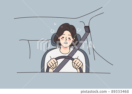 Exhausted woman driving car feeling unwell Exhausted woman driving car feeling unwell 89333468
