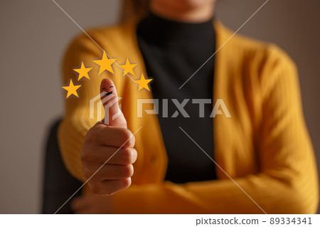 Woman hand with thumb up positive emotion smile face icon and five star, Showing satisfaction excellence customer, Customer satisfaction concept. Woman hand with thumb up positive emotion smile face icon and five star, Showing satisfaction excellence customer, Customer satisfaction concept. 89334341