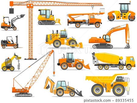 Set of detailed heavy construction and mining machines in flat style on the white background. Building machinery. Special equipment. Vector illustration. Set of detailed heavy construction and mining machines in flat style on the white background. Building machinery. Special equipment. Vector illustration. 89335455