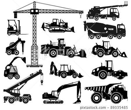 Set of black silhouettes heavy construction and mining machines in flat style on the white background. Building machinery. Special equipment. Vector illustration 89335485