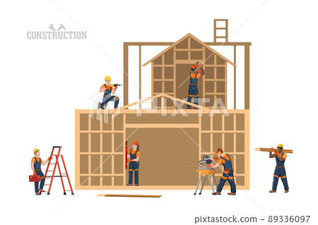 Wooden house build. Isolated industrial scene. Civil engineers at work. Construction job. Cartoon workers in orange uniform Wooden house build. Isolated industrial scene. Civil engineers at work. Construction job. Cartoon workers in orange uniform 89336097