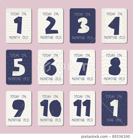 Set of cards for baby birthdays. Today I am 1, 2, 3, 4, 5, 6, 7, 8, 9, 10, 11 months old. Today I am 1 year old. Vector illustration in monochrome pastel colors. Set of cards for baby birthdays. Today I am 1, 2, 3, 4, 5, 6, 7, 8, 9, 10, 11 months old. Today I am 1 year old. Vector illustration in monochrome pastel colors. 89336100