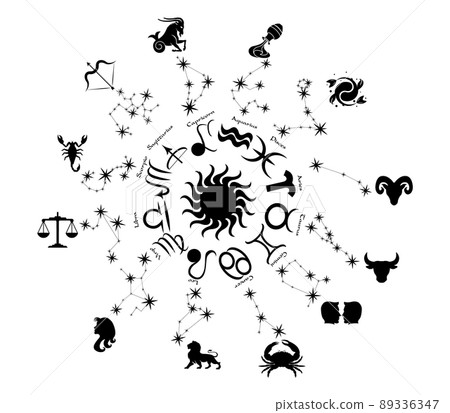 Constellations and horoscope signs chart in silhouette. Horocope calendar. Astrology and zodiac elements. 89336347