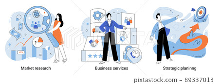 Business services metaphor, strategic planning, market research, project management flat illustrations set 89337013