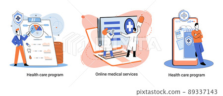 Health care program, online medical services, protection medicine, medical insurance, telemedicine metaphor 89337143