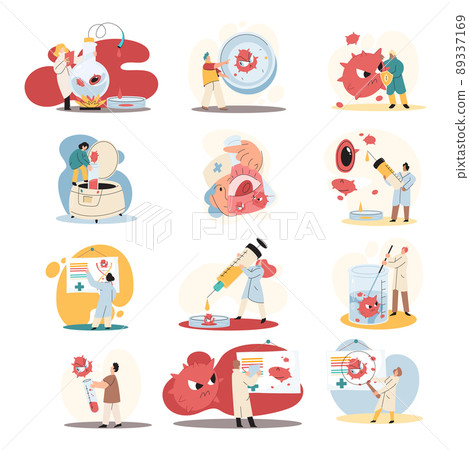 Antivirus vaccine. Scientists conducting scientific researches team of laboratory assistants with test tubes scenes set 89337169