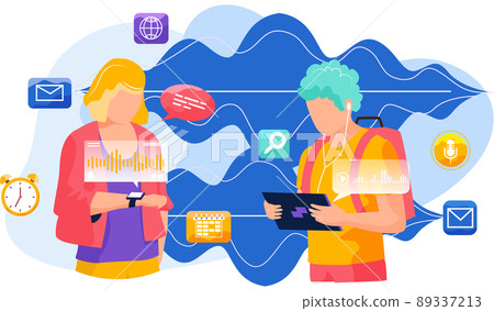 Voice assistant. Smart speaker virtual assistant, sound robot, people using voice controlled smart speaker Voice assistant. Smart speaker virtual assistant, sound robot, people using voice controlled smart speaker 89337213