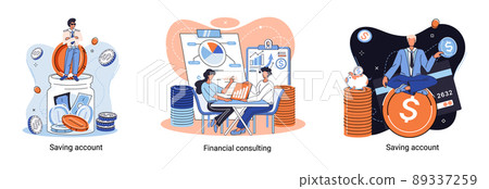 Online banking system, financial consulting, saving account. Mobile payment, cash transactions 89337259