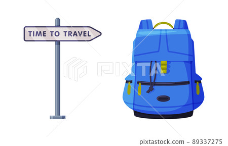 Blue Backpack and Signpost with Direction as Travel and Tourism Symbol Vector Set Blue Backpack and Signpost with Direction as Travel and Tourism Symbol Vector Set 89337275