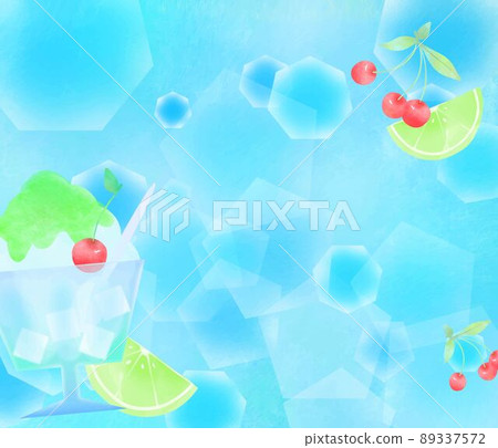 Shaved ice of melon syrup, cherries, lemons and limes-cool summer fashionable light blue background material illustration 89337572