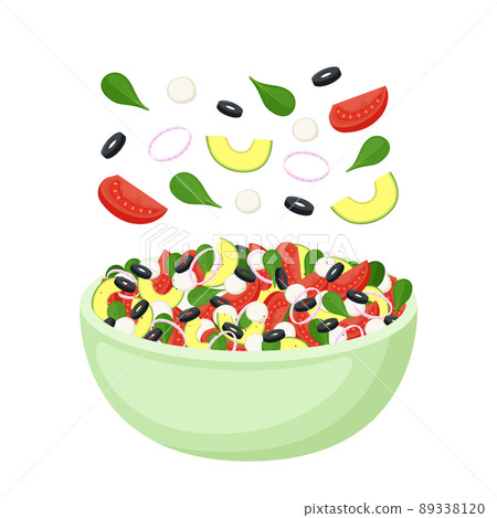 Homemade salad from fresh vegetables, greens, avocado, mozzarella and olives. Healthy food. Vegetarian meal. Vector illustration 89338120