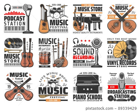 Music and sound recording retro icons set. Vector vintage instruments, audio gramophone, podcast station and microphone, headphones and vinyl records, drum kit, guitar and grand piano instruments set Music and sound recording retro icons set. Vector vintage instruments, audio gramophone, podcast station and microphone, headphones and vinyl records, drum kit, guitar and grand piano instruments set 89339429