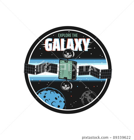 Satellite icon, orbital station and space planets in galaxy, vector emblem. Space exploration and lunar or mars orbit mission sign with spaceship rocket or orbiter shuttle spacecraft in galactic sky 89339622