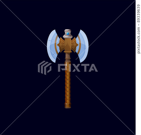Viking nordic battle axe and skyrim magical battleaxe or hatchet weapon. Ancient medieval weapon or vector fairytale battle axe GUI item or game asset. Warrior magic ax with leather braided handle Viking nordic battle axe and skyrim magical battleaxe or hatchet weapon. Ancient medieval weapon or vector fairytale battle axe GUI item or game asset. Warrior magic ax with leather braided handle 89339639