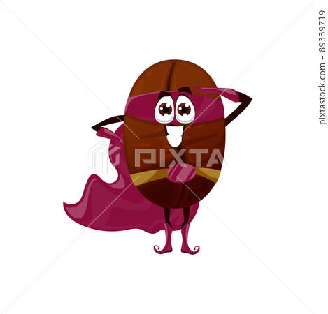 Coffee bean emoji emoticon superhero in belt, face mask and cape isolated americano drink ingredient cartoon kids character. Vector coffee cherry berry, comic superfood hero, espresso bean mascot Coffee bean emoji emoticon superhero in belt, face mask and cape isolated americano drink ingredient cartoon kids character. Vector coffee cherry berry, comic superfood hero, espresso bean mascot 89339719