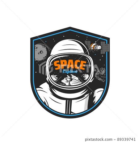Astronaut in space with galaxy universe planet, stars, asteroid and satellite. Vector paceman in spacesuit and helmet with Moon. Isolated icon of space travel, adventure and exploration Astronaut in space with galaxy universe planet, stars, asteroid and satellite. Vector paceman in spacesuit and helmet with Moon. Isolated icon of space travel, adventure and exploration 89339741
