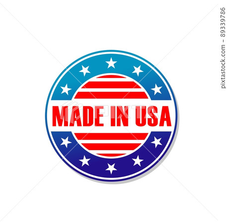 Made in USA label or banner with American flag and stars, vector warranty tag. Made in USA label for product quality or certificate guarantee, certified US American production round badge Made in USA label or banner with American flag and stars, vector warranty tag. Made in USA label for product quality or certificate guarantee, certified US American production round badge 89339786