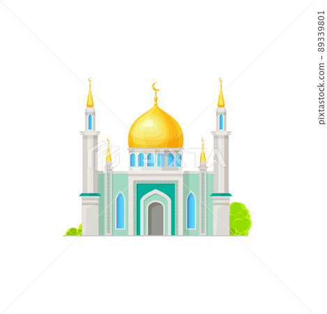 Islamic mosque or ancient arabian palace building. Islam religion antique mosque with golden dome and spires on minarets. Arabic architecture religious cartoon vector building facade 89339801