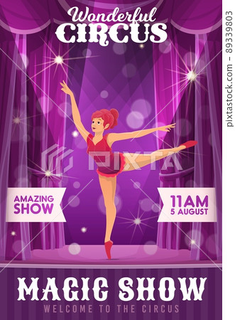 Shapito circus poster with cartoon woman gymnast or acrobat vector character dancing on stage. Amusement park or funfair carnival show invitation, circus festival entertainment performance flyer Shapito circus poster with cartoon woman gymnast or acrobat vector character dancing on stage. Amusement park or funfair carnival show invitation, circus festival entertainment performance flyer 89339803
