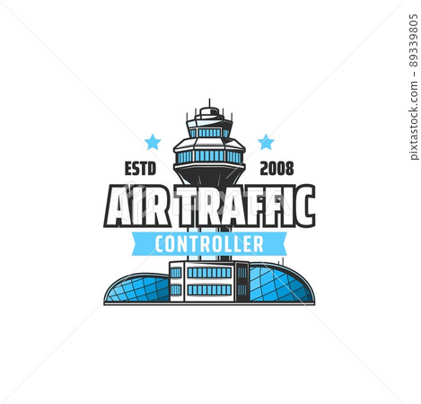 Air traffic control icon with vector tower and airport terminal building. Airplane or plane aircraft location in airspace, flight observations and aviation communication services isolated symbol 89339805