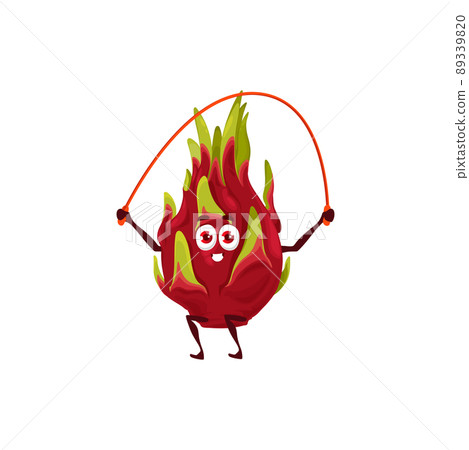 Cartoon pitahaya or dragon fruit character. Vector sportsman jumping with rope, funny personage doing sport exercises. Isolated healthy food athlet, sports lifestyle, organic nutrition Cartoon pitahaya or dragon fruit character. Vector sportsman jumping with rope, funny personage doing sport exercises. Isolated healthy food athlet, sports lifestyle, organic nutrition 89339820