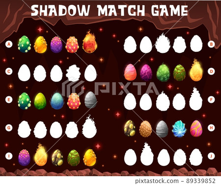 Cartoon dinosaur eggs in cave, vector shadow match game. Kids puzzle matching riddle or maze worksheet with cave rocks background frame. Find and connect silhouettes of dragon or dino eggs Cartoon dinosaur eggs in cave, vector shadow match game. Kids puzzle matching riddle or maze worksheet with cave rocks background frame. Find and connect silhouettes of dragon or dino eggs 89339852
