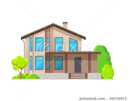 Modern home exterior with covered porch and wood plank facade, vector house building or flat home. Village or country neighborhood house or cottage, townhouse loft apartments with terrace 89339855