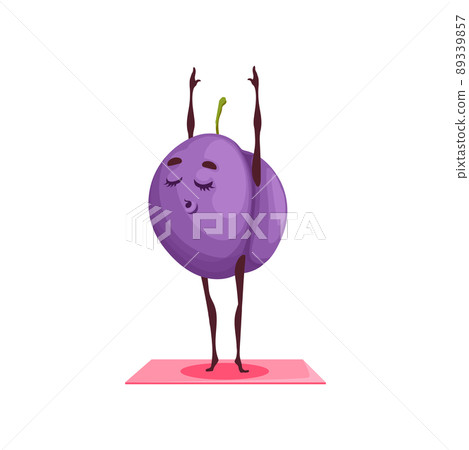 Purple plum isolated fruit cartoon character stretching on fitness or pilates or yoga mat isolated. Vector summer fruit, vegetarian organic food, healthy dessert training or exercising, hobby sport Purple plum isolated fruit cartoon character stretching on fitness or pilates or yoga mat isolated. Vector summer fruit, vegetarian organic food, healthy dessert training or exercising, hobby sport 89339857