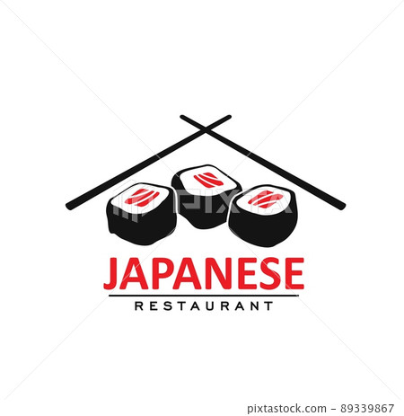 Japanese cuisine restaurant icon with rolls and sticks, vector Asian sushi bar sign. Japanese sushi maki and sashimi rolls restaurant emblem with chopsticks for menu cover of Asian food dishes, meals Japanese cuisine restaurant icon with rolls and sticks, vector Asian sushi bar sign. Japanese sushi maki and sashimi rolls restaurant emblem with chopsticks for menu cover of Asian food dishes, meals 89339867