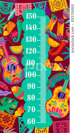 Mexican food and music guitars and papel picado flags, vector kids height chart. Kid measure scale or baby height ruler with Mexican fiesta guitars, chili pepper and nachos or burrito and tacos Mexican food and music guitars and papel picado flags, vector kids height chart. Kid measure scale or baby height ruler with Mexican fiesta guitars, chili pepper and nachos or burrito and tacos 89339868