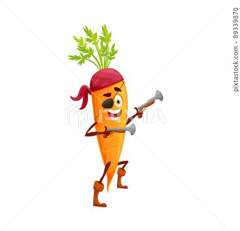 Pirate emoticon carrot in bandana with leaves isolated healthy vegetable cartoon character with pair of shotguns. Vector vegetarian food, ripe farm corsair buccaneer captain with eye patch 89339870