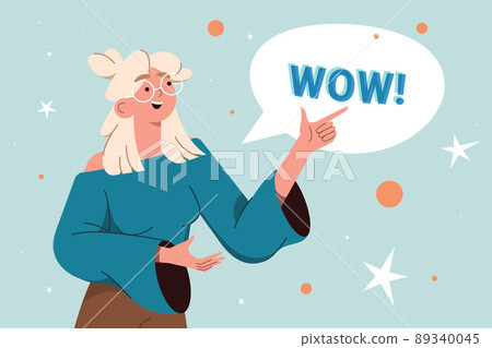 Blond smile woman points a finger to wow speech bubble Blond smile woman points a finger to wow speech bubble 89340045