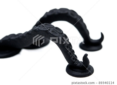 Models printed on 3D printer. Black objects printed on 3D printer made plastic Models printed on 3D printer. Black objects printed on 3D printer made plastic 89340114