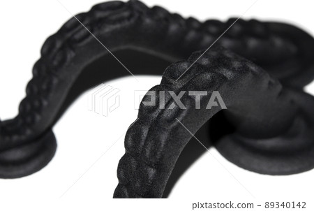 Models printed on 3D printer. Black objects printed on 3D printer made plastic Models printed on 3D printer. Black objects printed on 3D printer made plastic 89340142