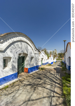 Group of typical outdoor wine cellars in Plze near Petrov, Southern Moravia, Czech Republic 89340507