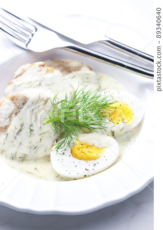dill sauce with dumplings and boiled eggs dill sauce with dumplings and boiled eggs 89340640