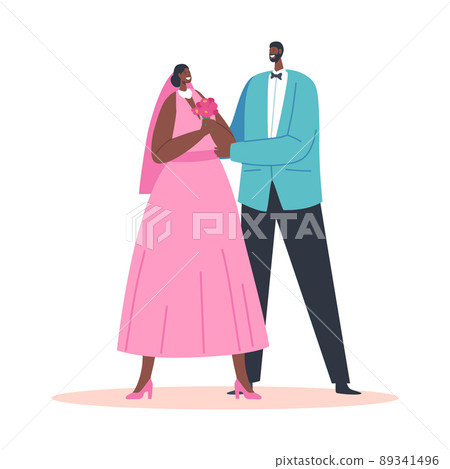 Newlywed African Man and Woman Wear Pink Dress and Blue Blazer Celebrate Wedding Ceremony, Black Groom and Bride Couple 89341496