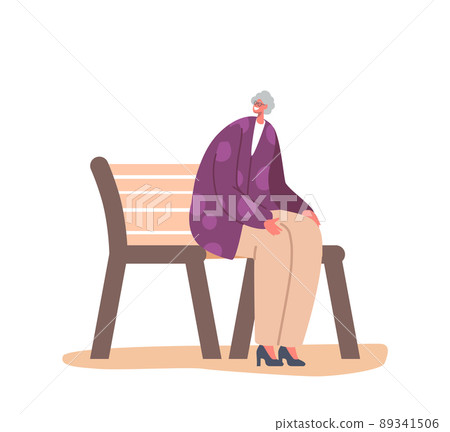 Old Woman Sparetime on Street. Senior Female Character Sitting on Bench in Park or House Yard Enjoy Outdoor Recreation 89341506