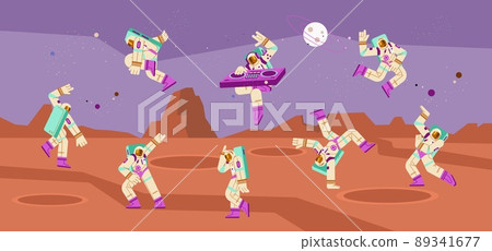 Astronaut dancing in a suit, a set of vector flat illustrations on a space background. 89341677