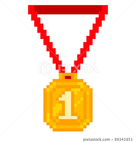 Pixel art golden medal with number one. Icon for 8bit game on white background. 89341851
